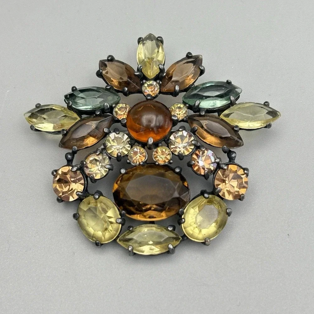 Vintage Schiaparelli Brooch Glass Stones Navette Cabochon Brown Blue Yellow